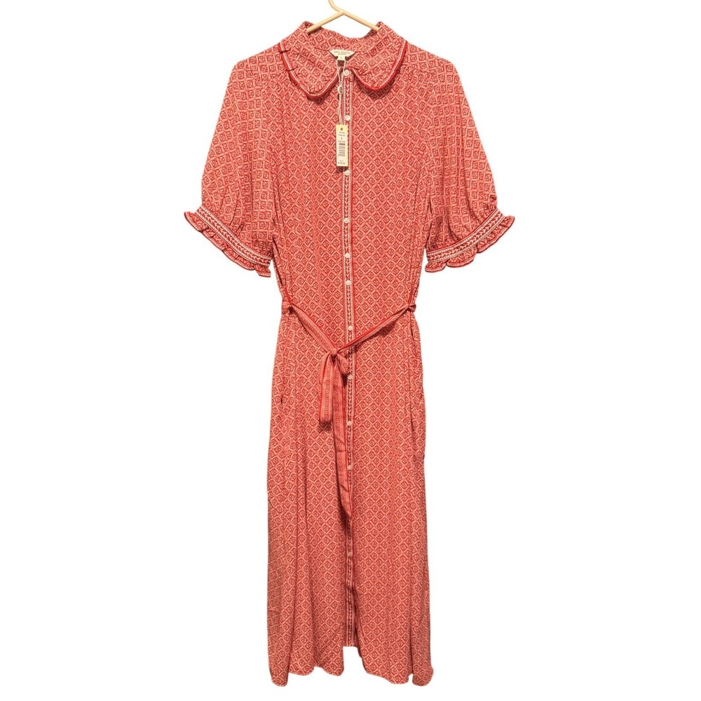 Max Studio Red Geometric Floral Midi Dress Short Puff Sleeve Peter Pan Collar